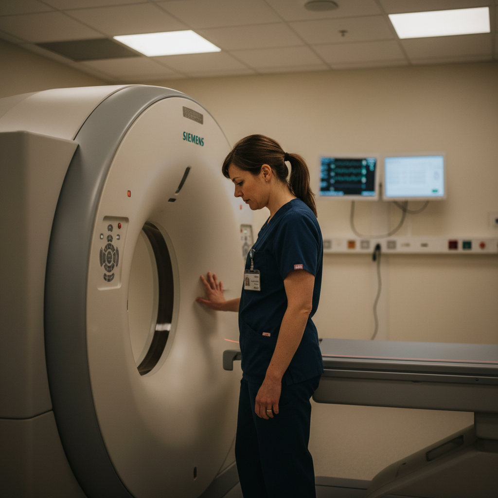 CT technologist in quiet moment beside scanner in hospital radiology suite