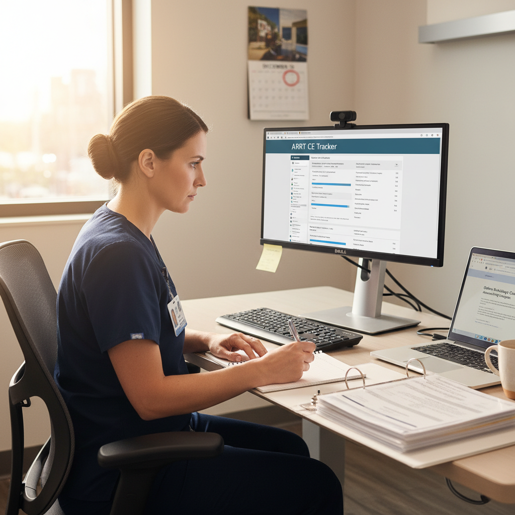 CT technologist reviewing ARRT continuing education requirements at hospital workstation