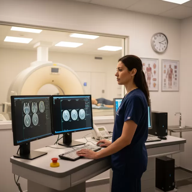 CT technologist operating scanner console in modern hospital radiology department