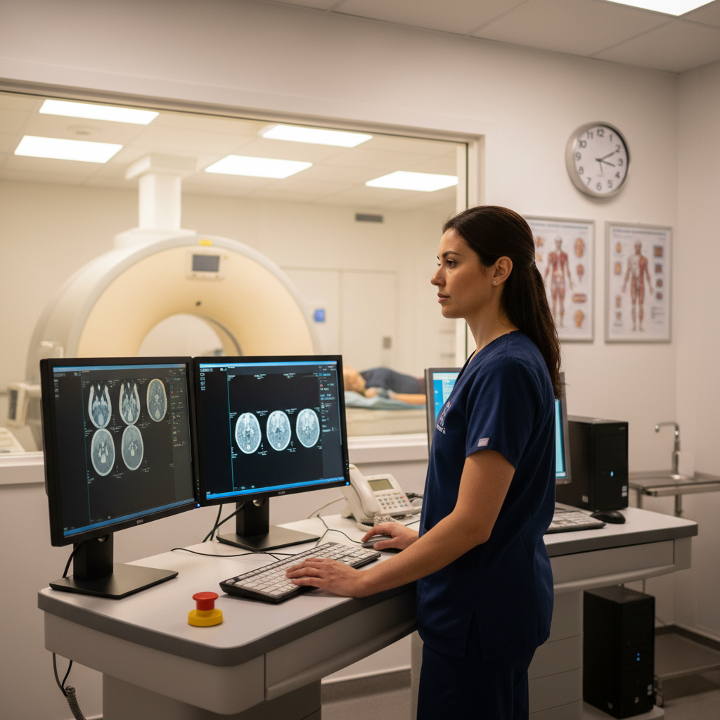 CT technologist operating scanner console in modern hospital radiology department