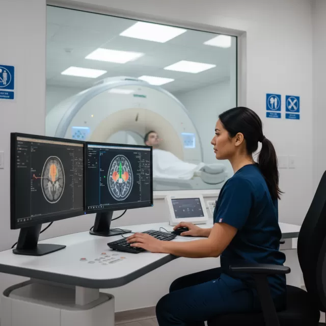 MRI technologist at console reviewing scans with patient in scanner bore visible through window