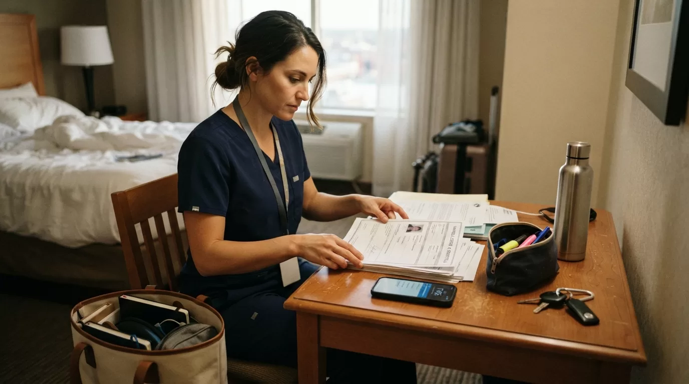 Travel nurse organizing documents and supplies at hotel desk before first day of assignment