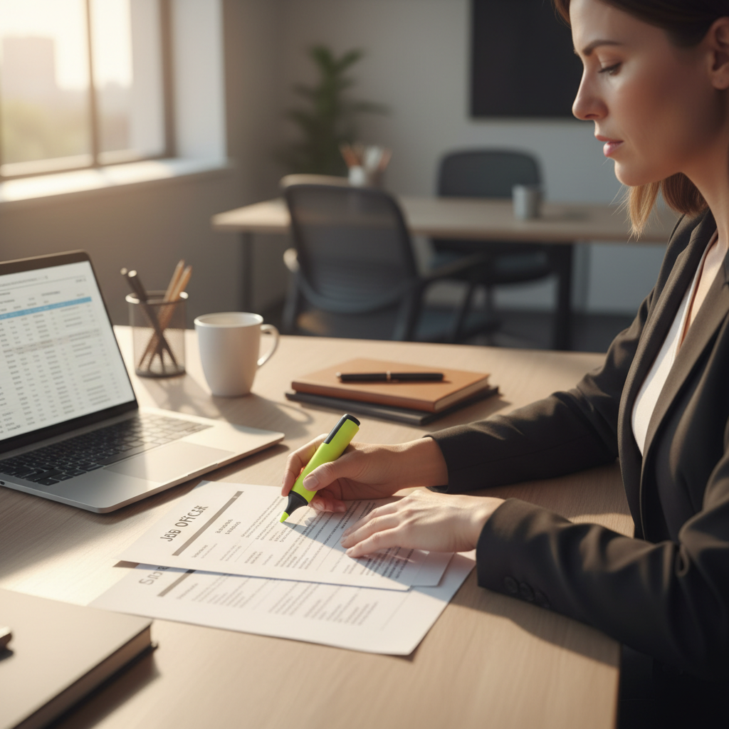 Healthcare professional reviewing job offer letter contract at office desk with highlighted sections