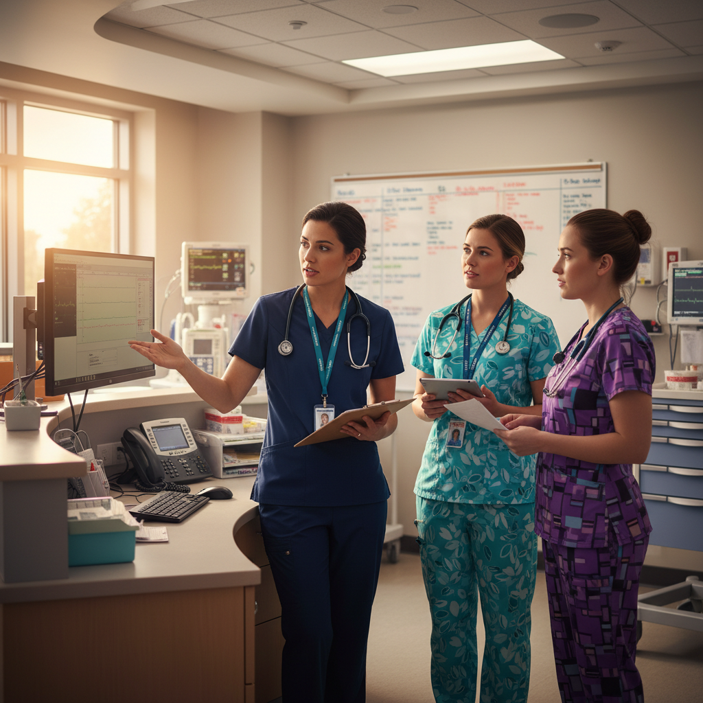 Charge nurse speaking with staff nurses at hospital nursing station during shift change