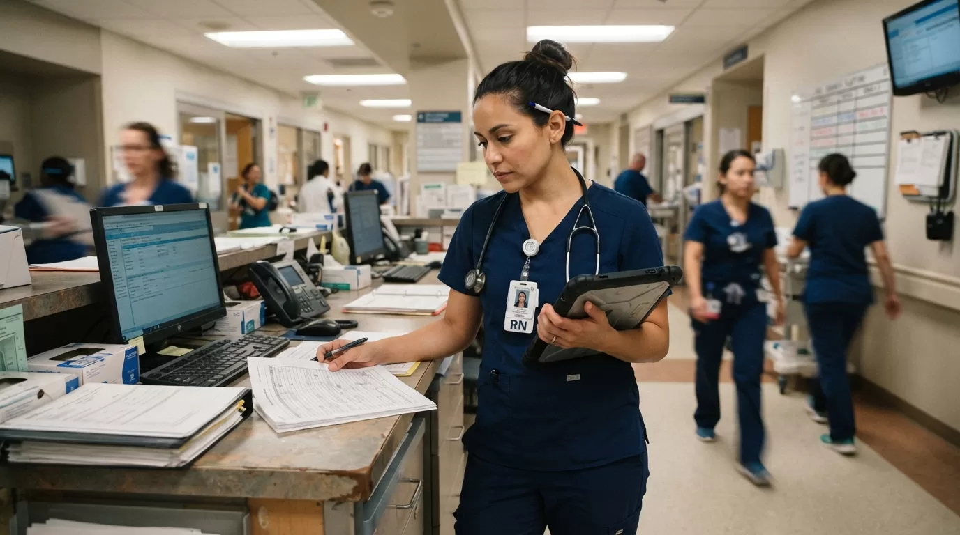 Registered nurse reviewing documents at hospital nurse station while considering employment options