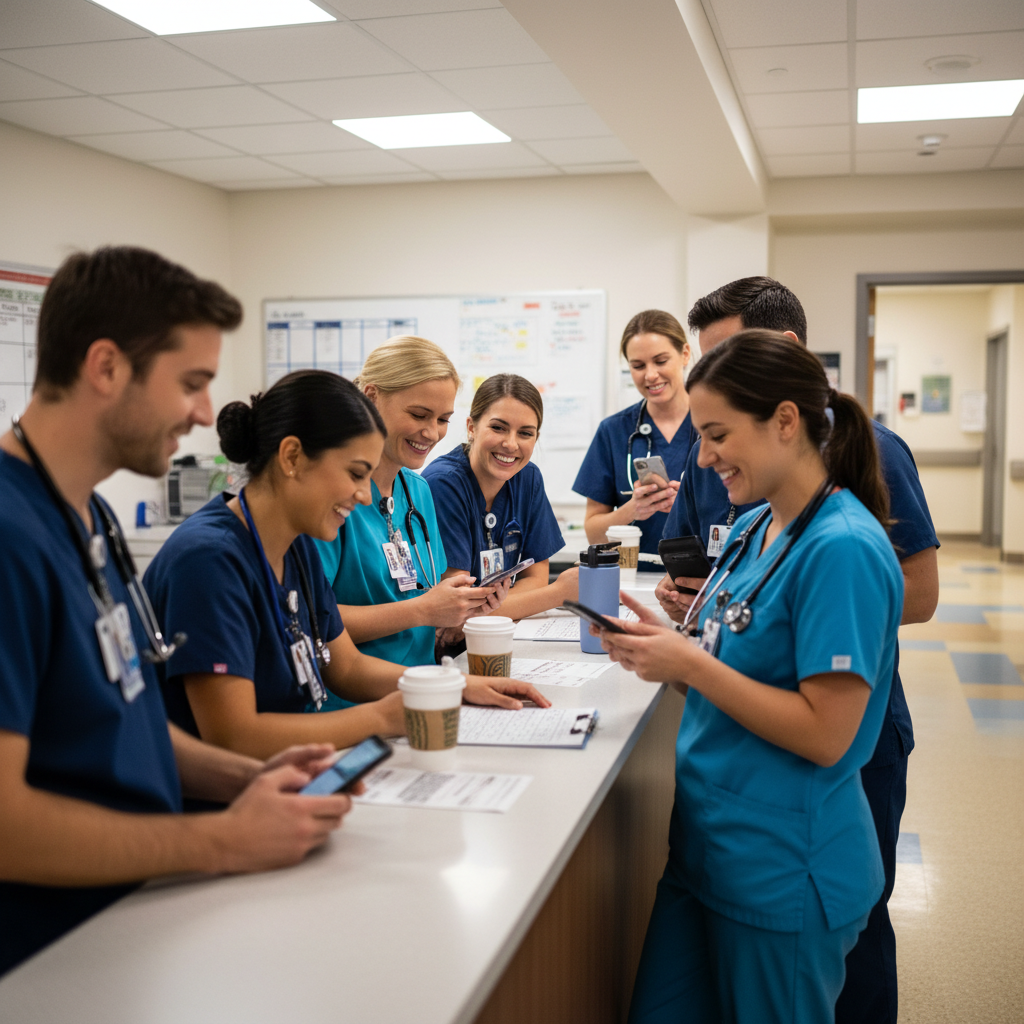 Healthcare workers laughing together at nurses station with bingo card during summer shift