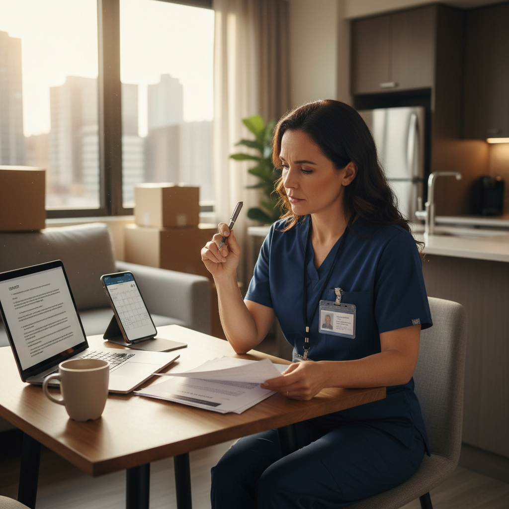 Travel nurse reviewing contract extension documents at apartment kitchen table