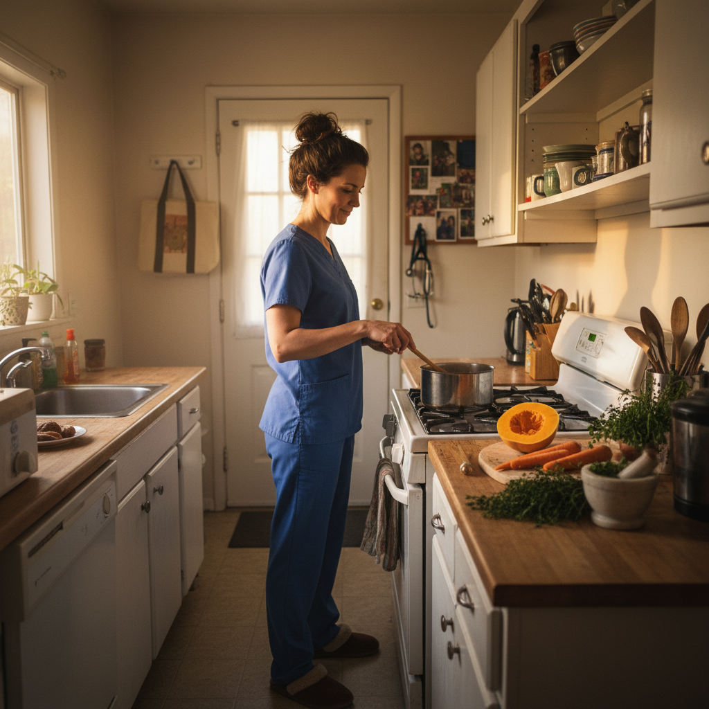 Healthcare worker in scrubs cooking soup in home kitchen after shift