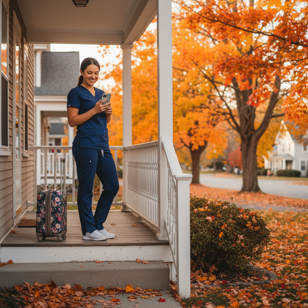 Travel nurse reviewing fall assignment details on apartment porch surrounded by autumn foliage