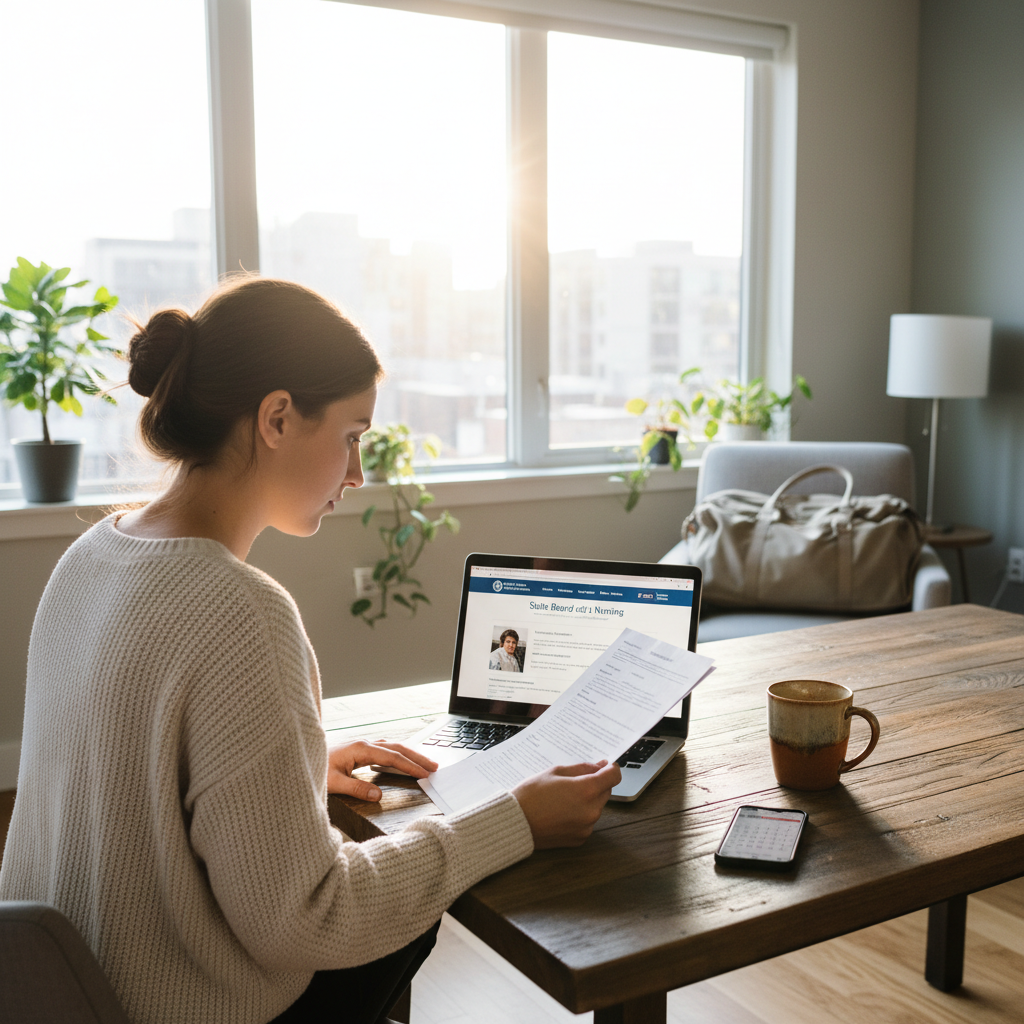 Travel nurse researching state nursing license applications on laptop at home