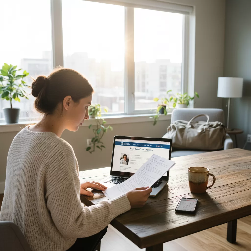 Travel nurse researching state nursing license applications on laptop at home