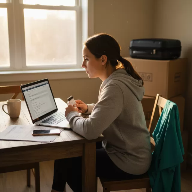 Travel nurse applying for state nursing license endorsement on laptop at home