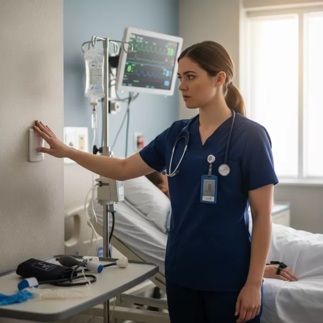 Nurse calling rapid response at hospital bedside with patient monitoring equipment visible