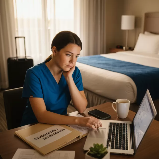 Travel nurse reviewing contract options at hotel room desk with laptop and paperwork