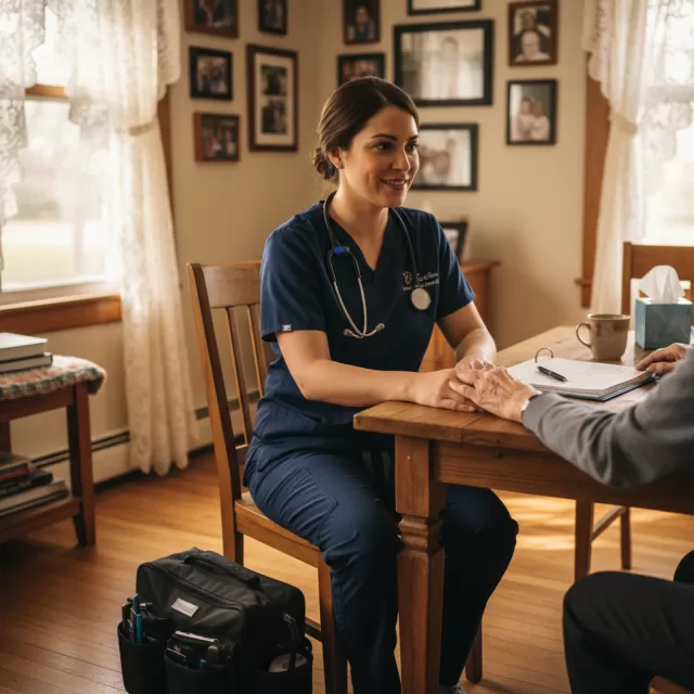 Hospice nurse holding elderly patient hand at home with compassionate care