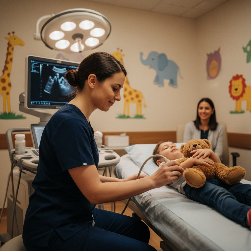 Pediatric ultrasound tech with child patient holding stuffed bear during scan in hospital imaging room