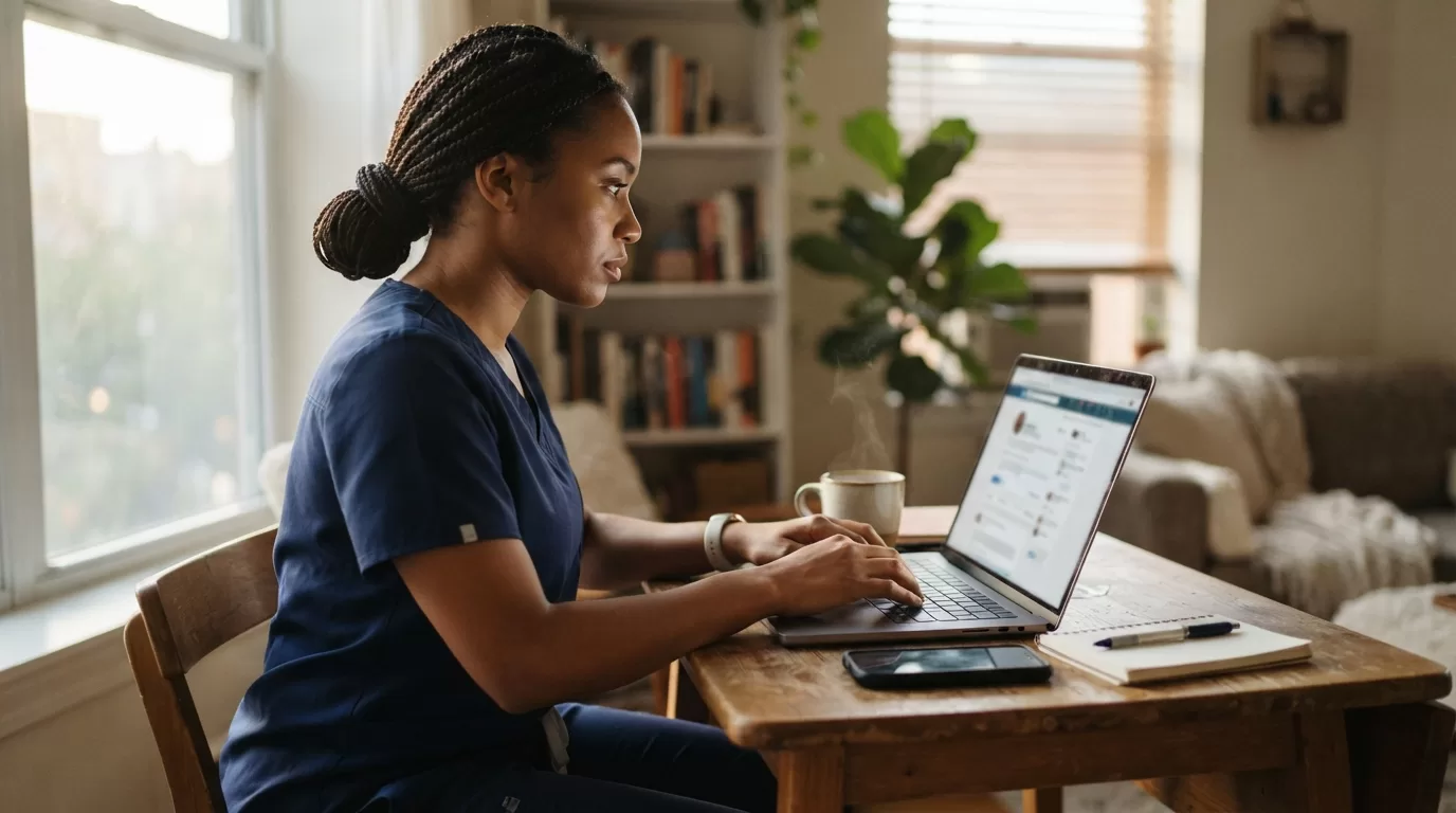 Nurse updating LinkedIn profile on laptop at home before work shift