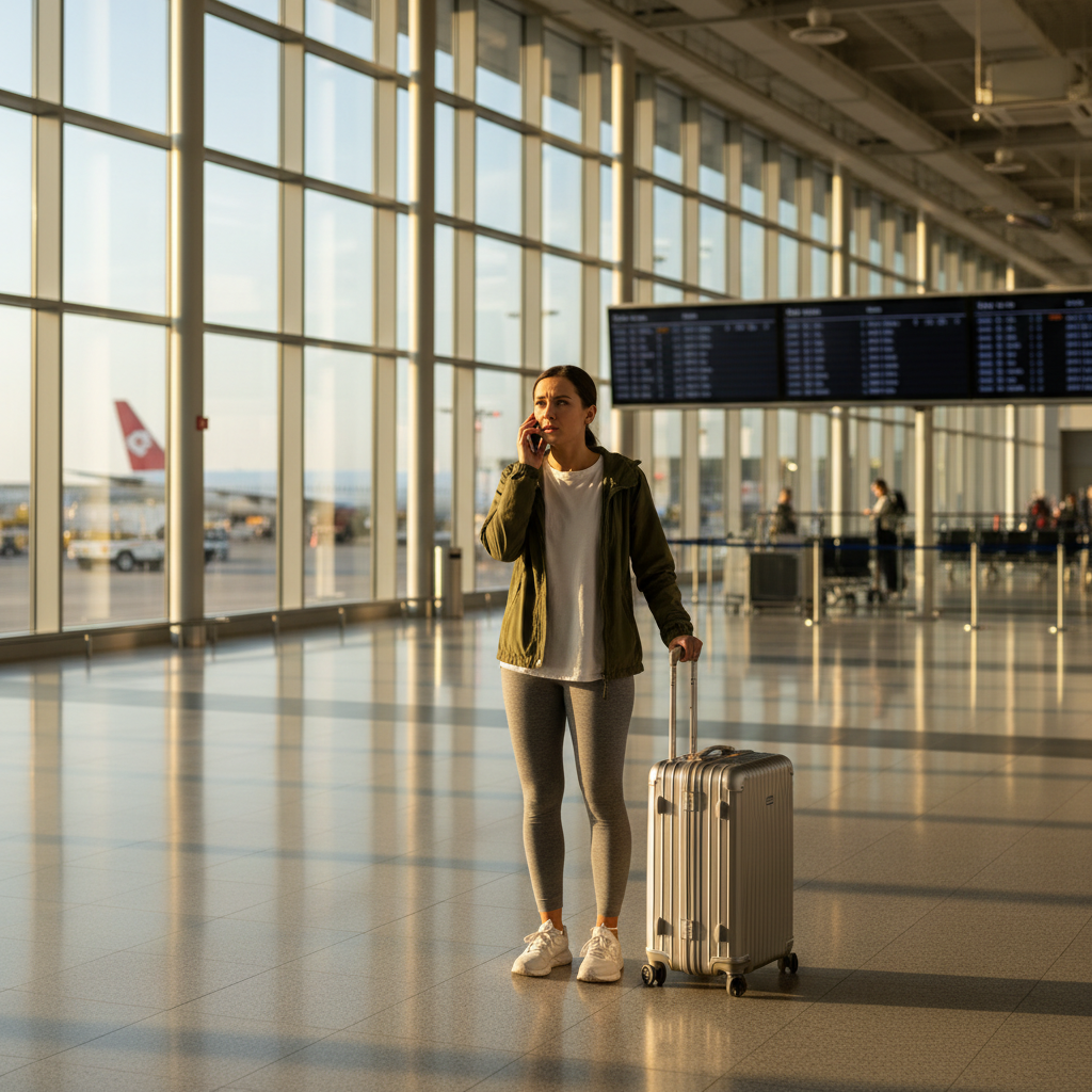 Travel nurse standing in airport terminal with suitcase, hesitating before flight to new assignment