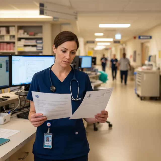 Nurse comparing hospital float pool contract with travel nursing agency offer at nursing station