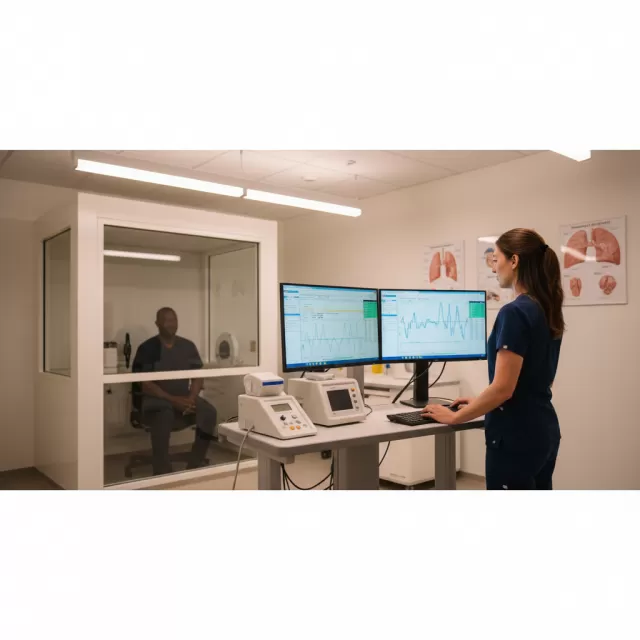 Respiratory therapist reviewing pulmonary function test results at PFT lab workstation