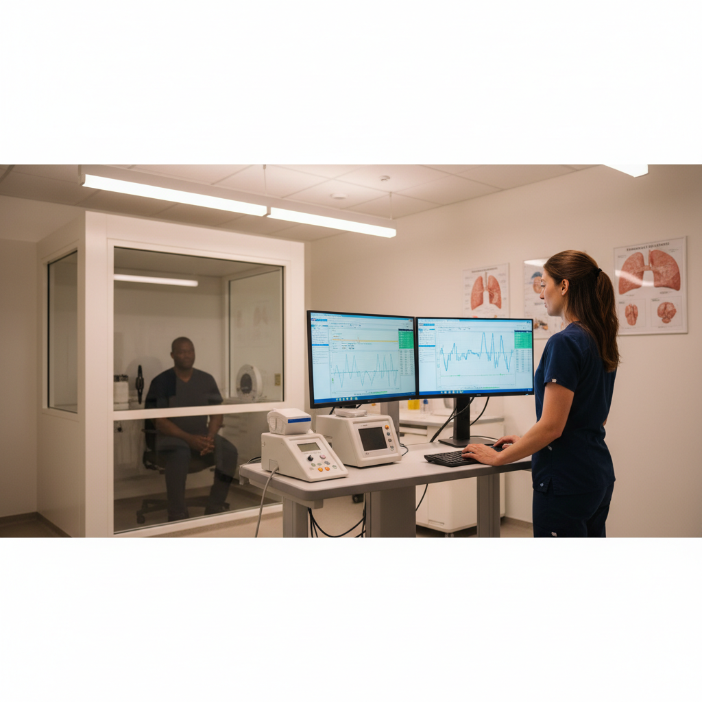 Respiratory therapist reviewing pulmonary function test results at PFT lab workstation