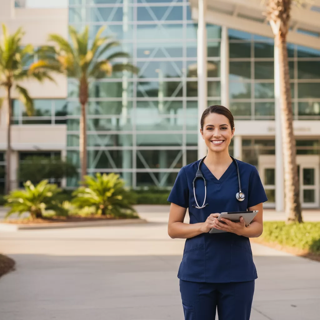 Travel nurse in scrubs outside modern Florida hospital with palm trees