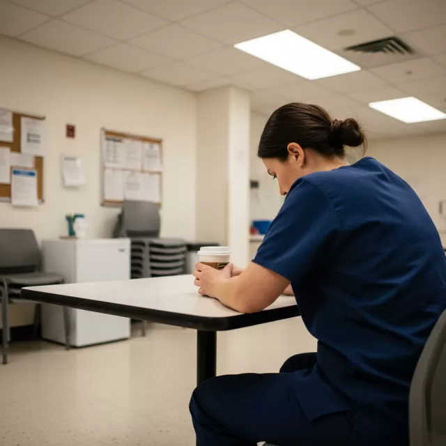 Healthcare worker taking a quiet moment alone in hospital break room during shift
