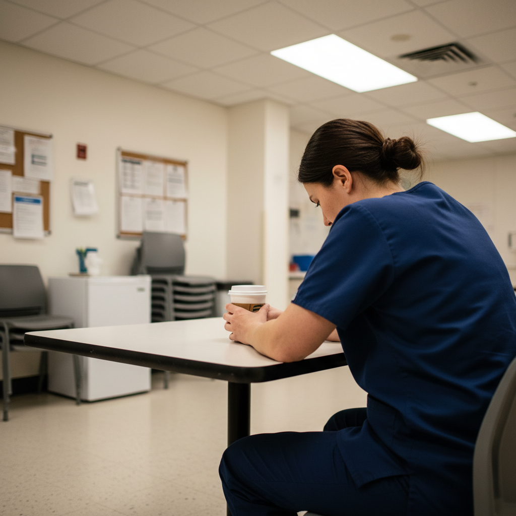 Healthcare worker taking a quiet moment alone in hospital break room during shift