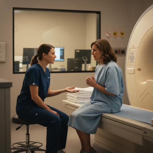 MRI technologist sitting with anxious patient before scan in hospital imaging suite