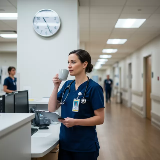 Nurse at hospital station beginning Friday morning 12-hour shift with coffee and clipboard