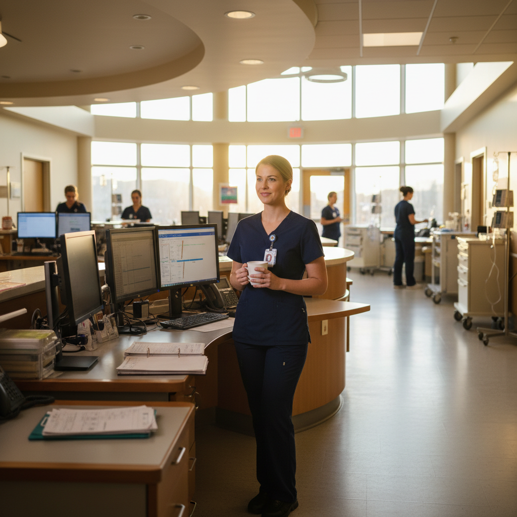 Nurse smiling at hospital station with morning coffee, capturing Friday energy in healthcare setting