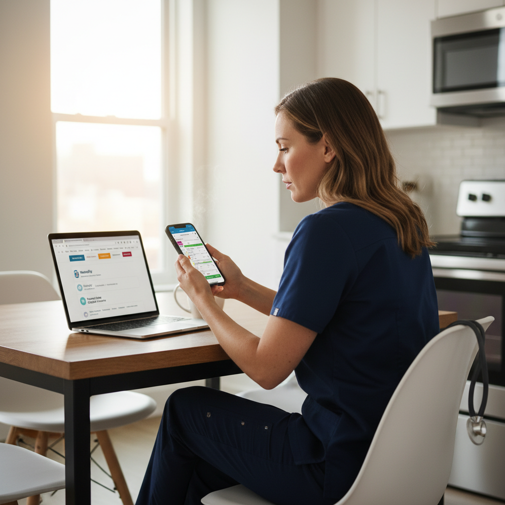Nurse comparing gig nursing apps on smartphone at home kitchen table with laptop open