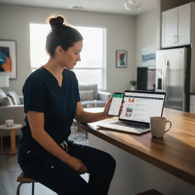 Nurse reviewing gig nursing apps on smartphone at home kitchen counter with laptop open
