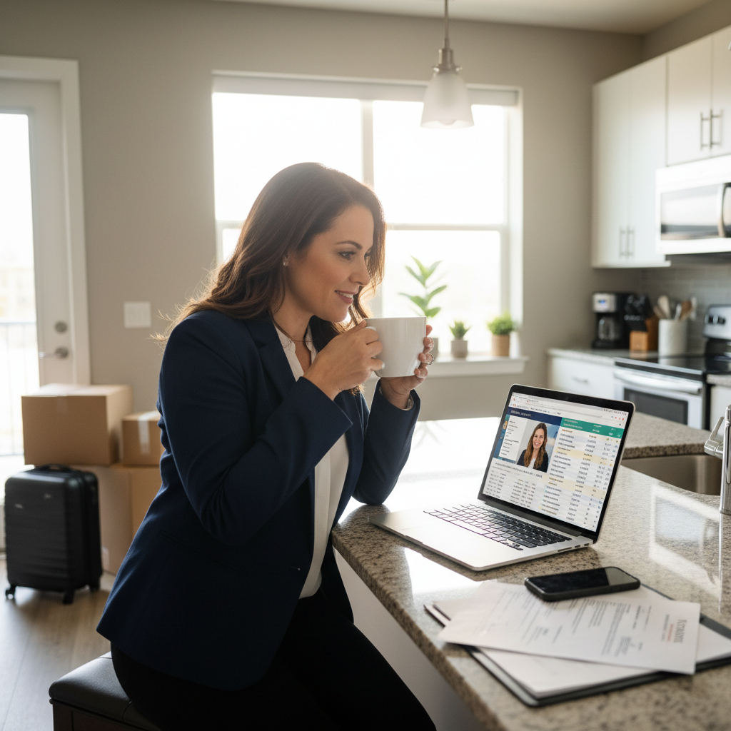 Travel nurse reviewing contract rates and assignments on laptop in modern apartment kitchen