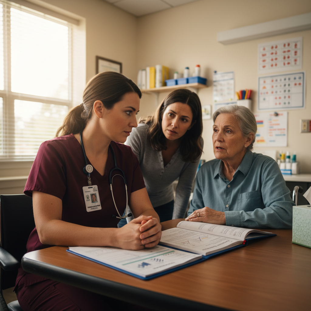 Speech language pathologist having difficult discharge conversation with stroke patient and family member