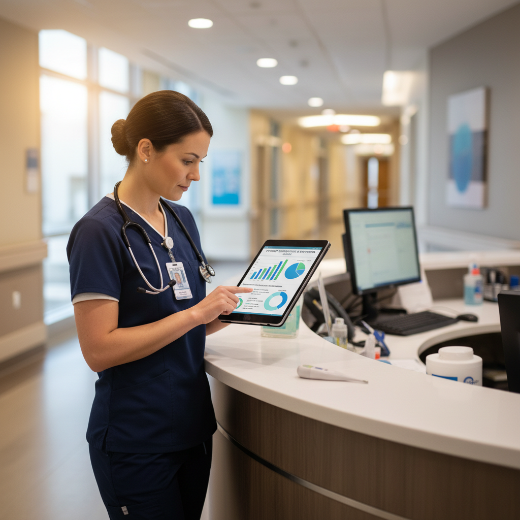 Nurse reviewing HCAHPS patient satisfaction data on tablet at hospital nursing station