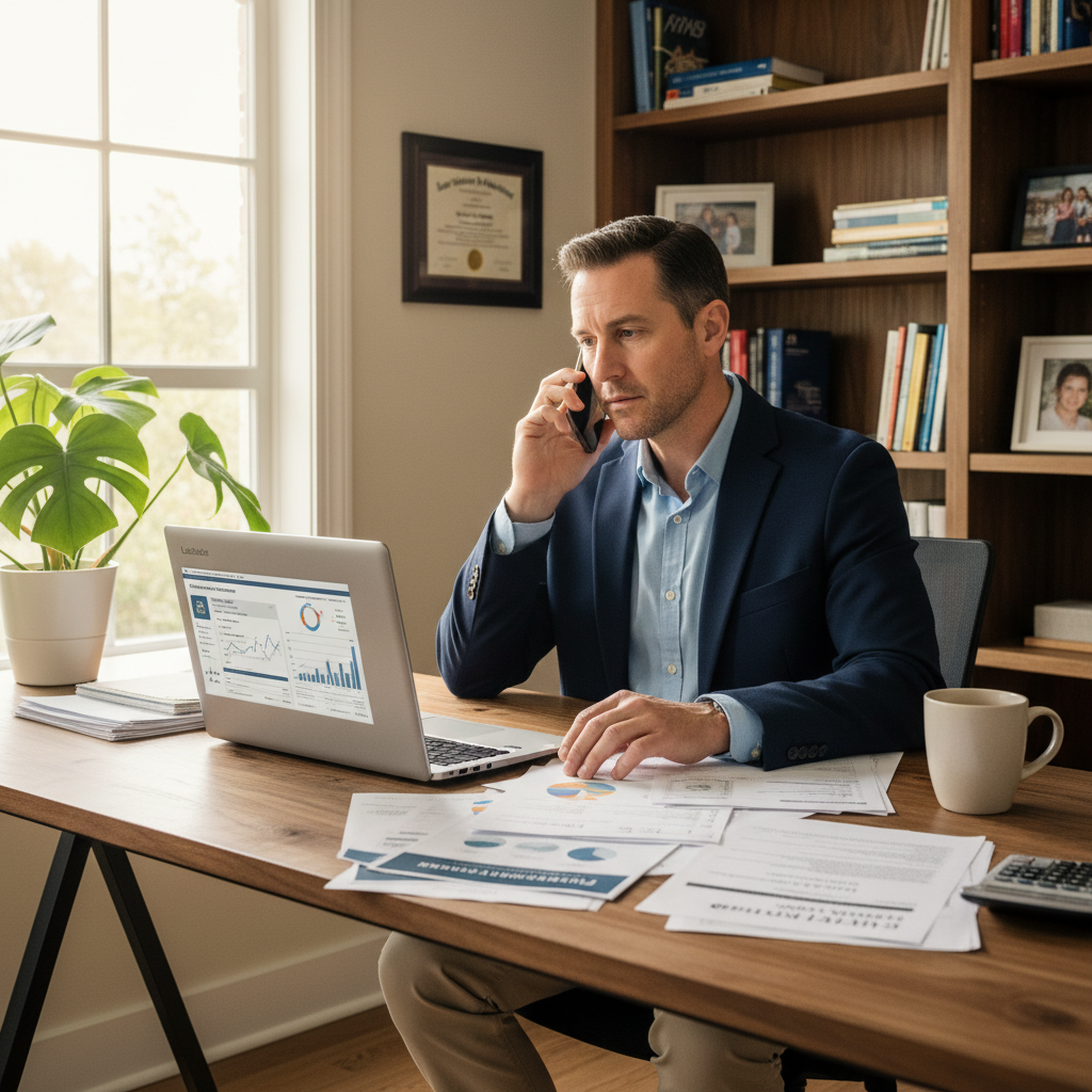 Healthcare professional reviewing retirement account rollover documents at home office desk