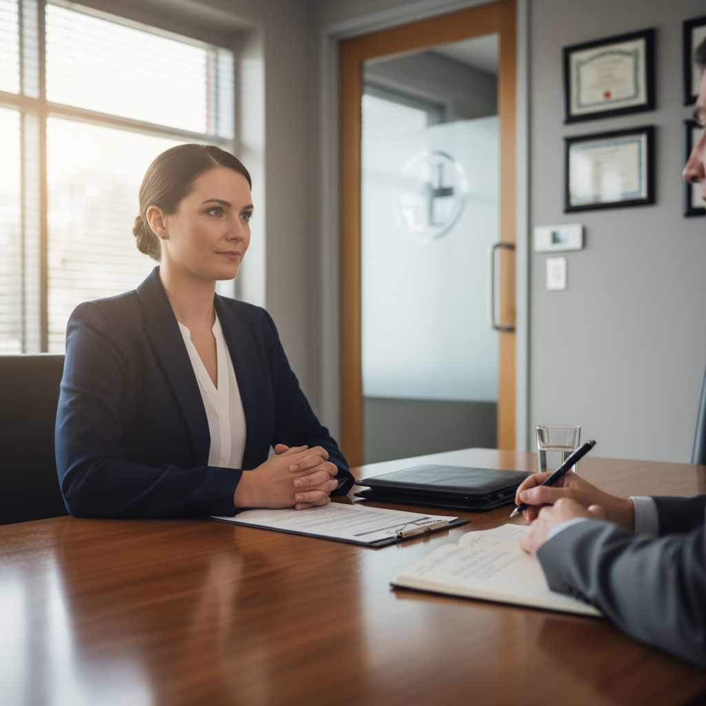 Healthcare professional in business casual attire during job interview at hospital conference table