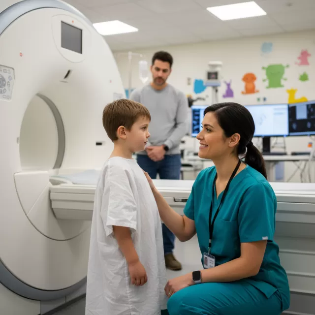 MRI technologist comforting young child before pediatric MRI scan in hospital imaging suite