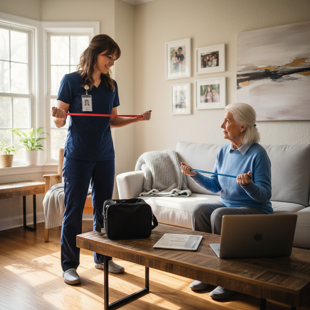 Physical therapist conducting home health visit with elderly patient in living room