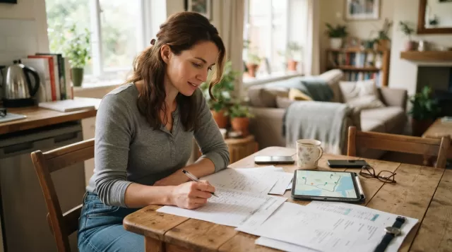 Physical therapist reviewing weekly patient schedule at home on Sunday afternoon