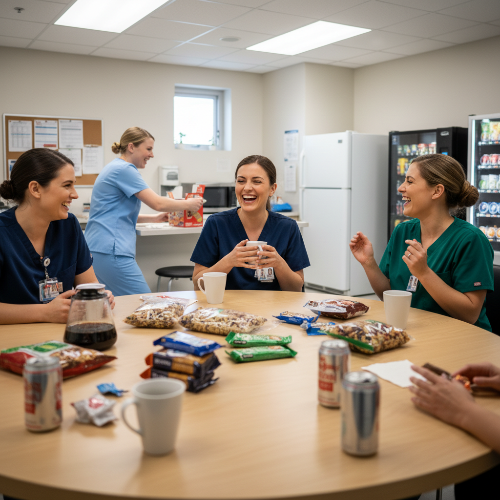 Healthcare workers sharing snacks and coffee in hospital break room during shift