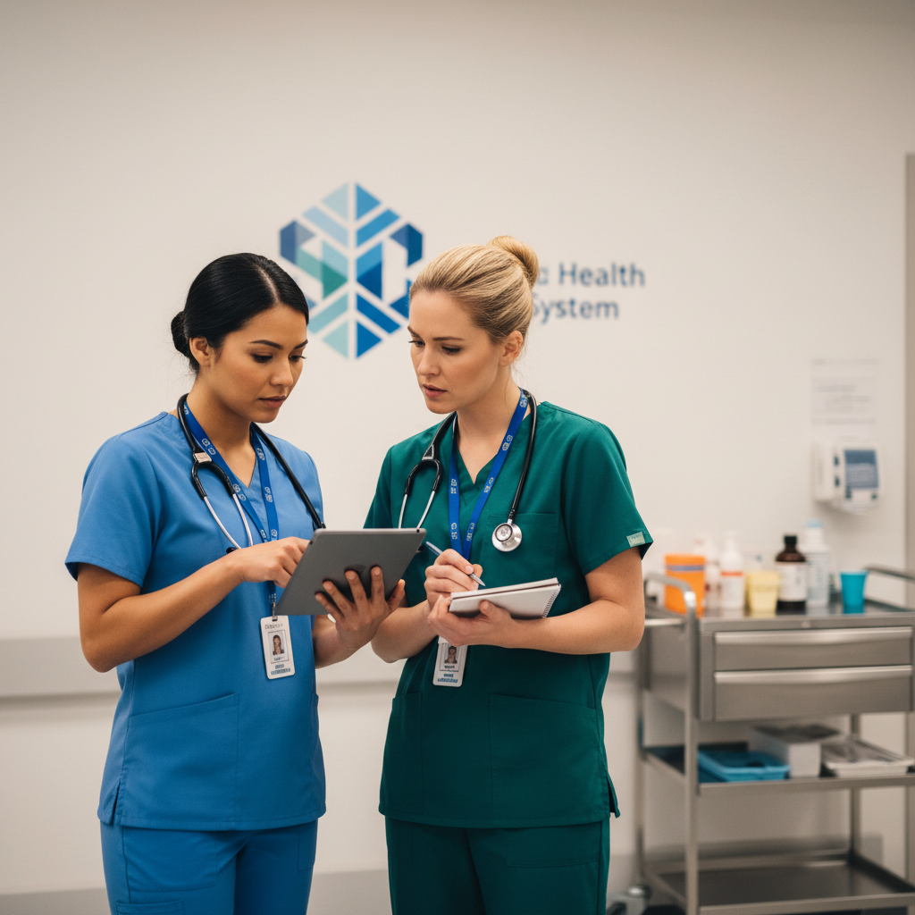 Two nurses reviewing tablet in hospital corridor discussing merger policy changes