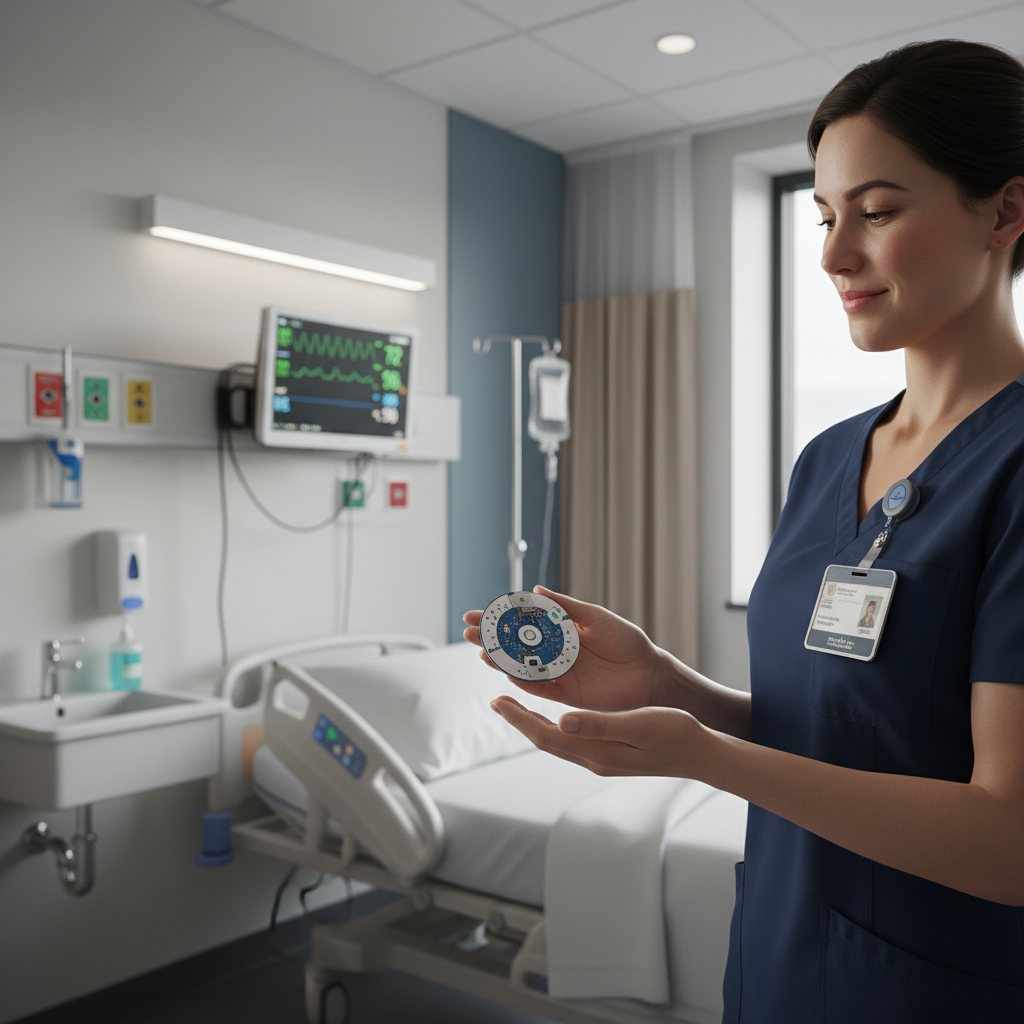 Nurse examining wireless patient monitoring wearable device in modern hospital room
