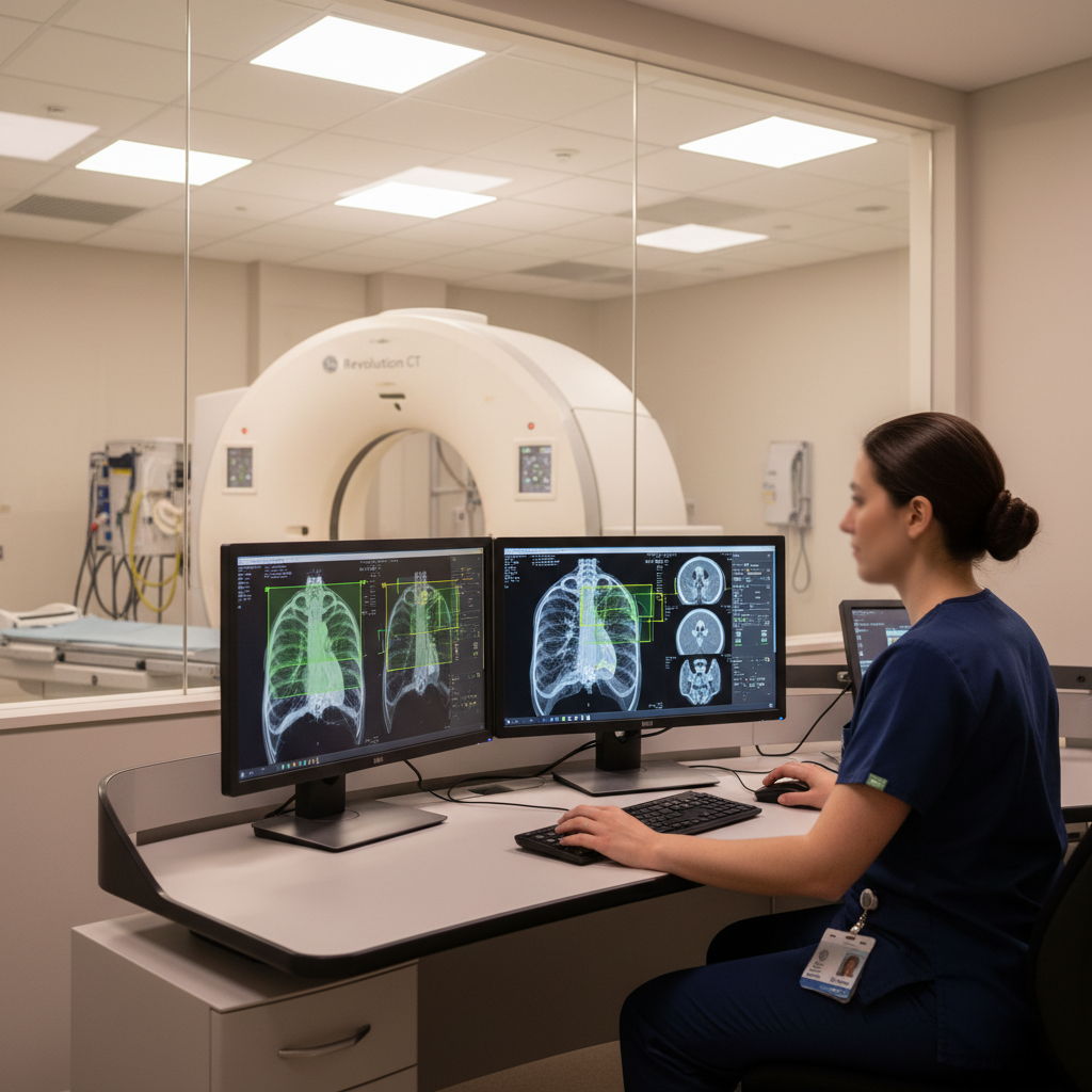 Radiology technologist reviewing AI-assisted CT scan results at modern imaging console workstation