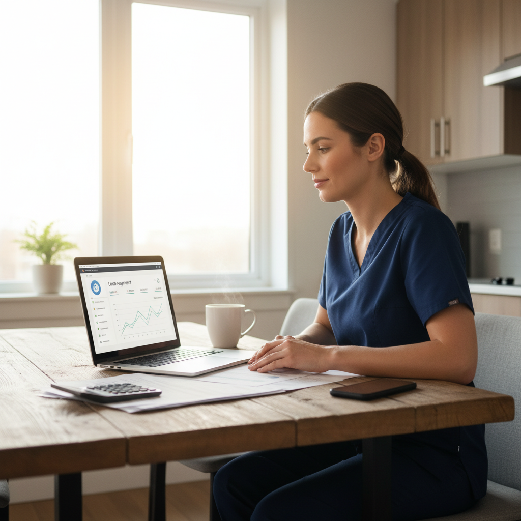 Registered nurse reviewing student loan repayment options on laptop at home before work shift