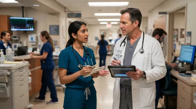 Healthcare professional asking attending physician for letter of recommendation in hospital hallway