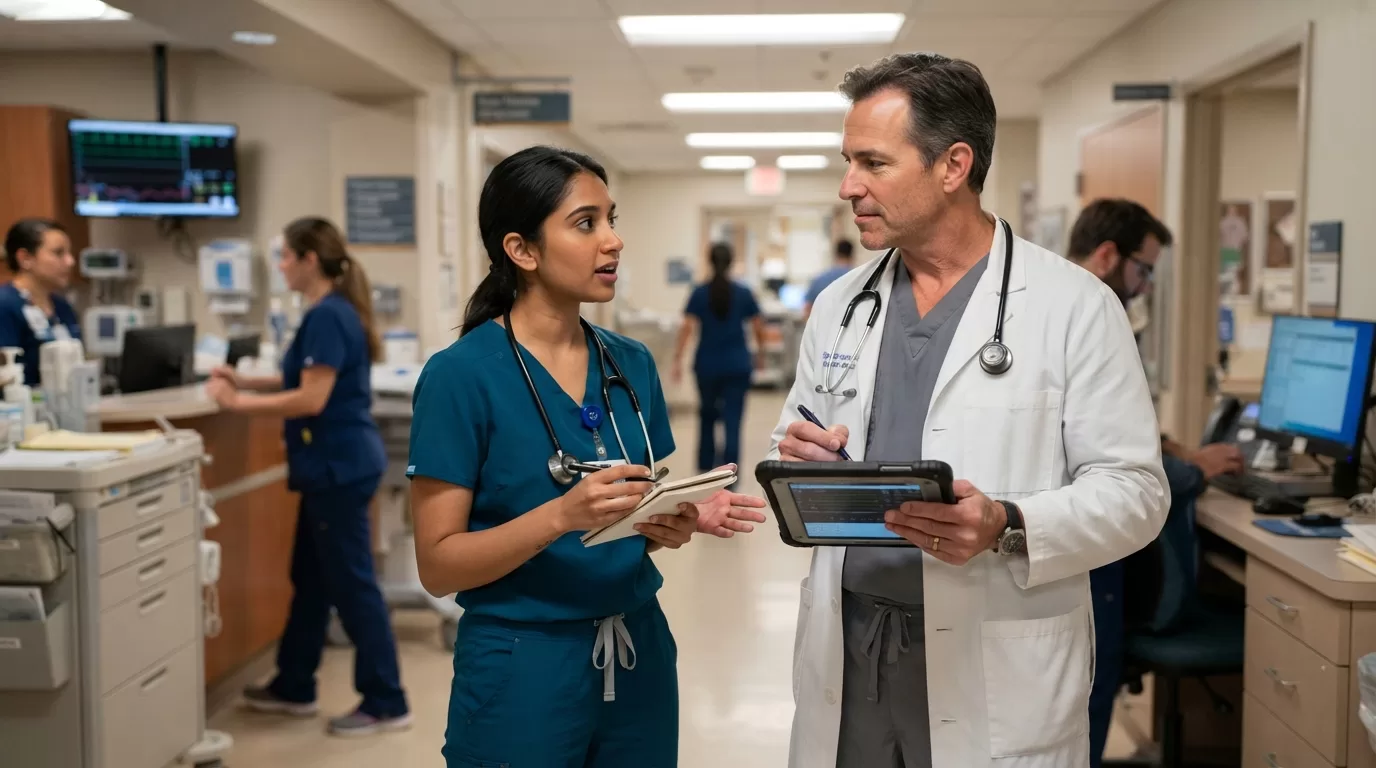 Healthcare professional asking attending physician for letter of recommendation in hospital hallway