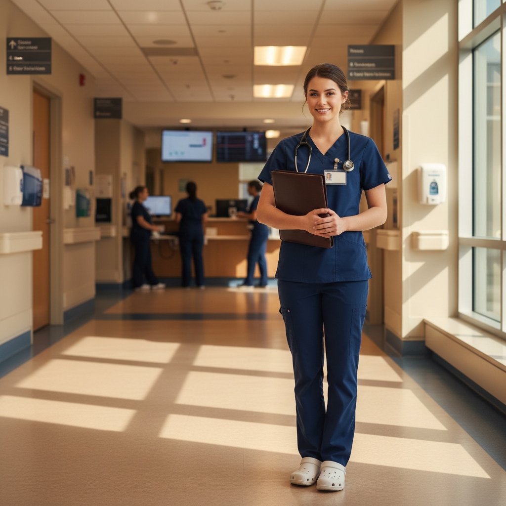 New graduate nurse holding portfolio in hospital hallway preparing for residency program interview