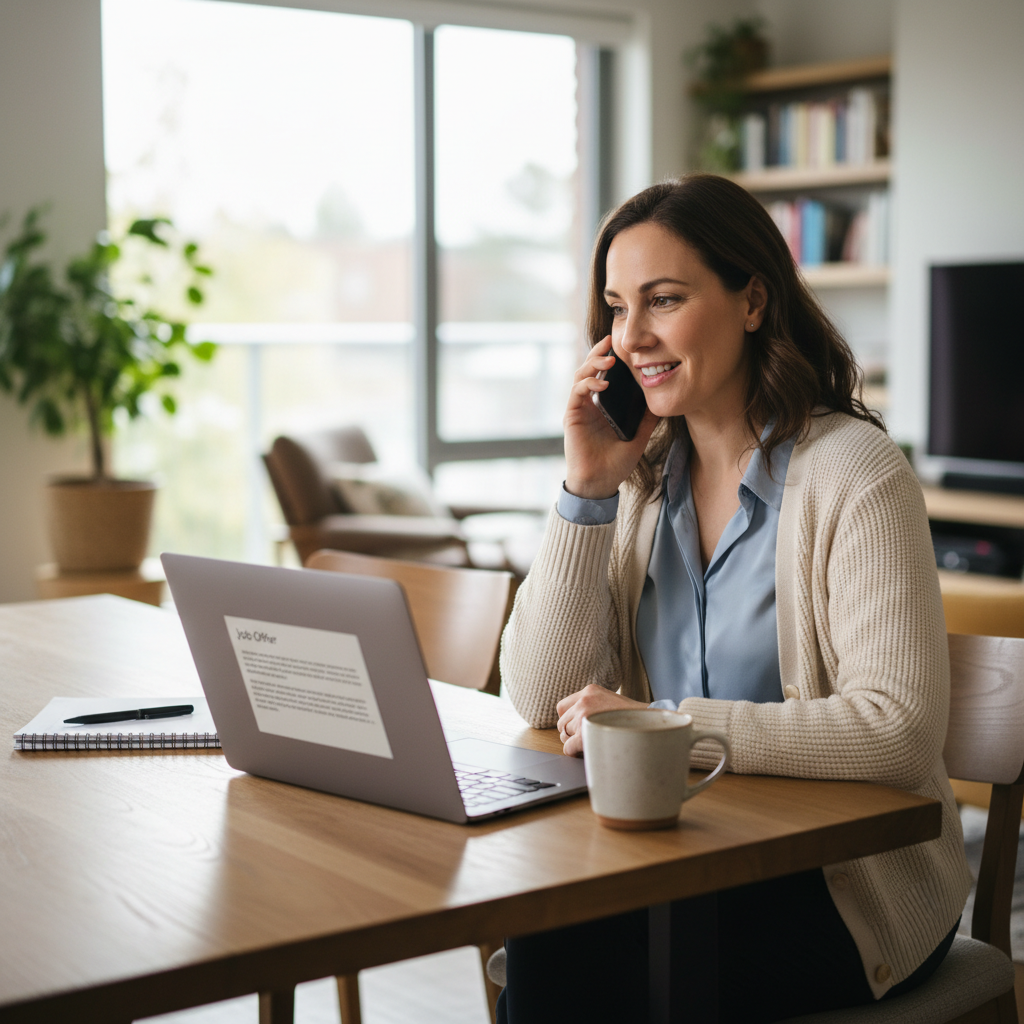 RN reviewing job offer details during negotiation phone call at home workspace